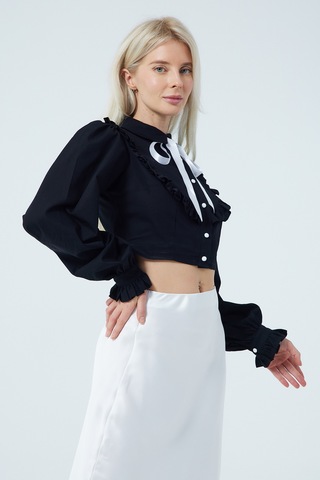 Fiyonk Fırfır Detaylı Poplin Gömlek Siyah