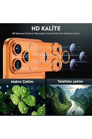 İphone Uyumlu Full Kamera Lens Koruyucu Darbe Dayanıklı Temperli Cam Tam Koruyucu Kamera Lens Cam Film Çizilme Önleyici Turuncu, İphone 17 Pro