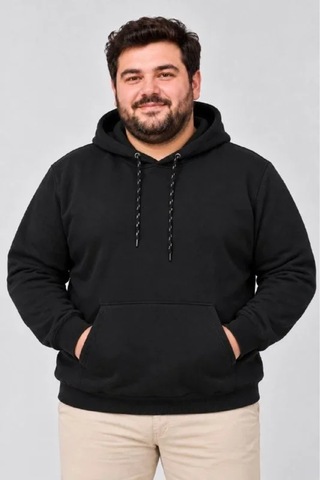 Butik İstanbul Erkek Battal Büyük Beden Üç İplik İçi Şardonlu Kapüşonlu Kanguru Cepli Kışlık Sweatshirt - Siyah