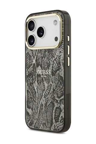 Apple Uyumlu iPhone 17 Pro Kılıf Guess Lisanslı M-safe Özellikli Yazı Logolu Python Desenli Kapak Siyah Siyah