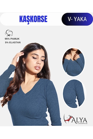 Alya Underwear Pamuklu Kaşkorse V Yaka Body Sweatshirt, Fitilli Kumaş Likralı Bluz, Asker Yeşili Badi İndigo Melanj