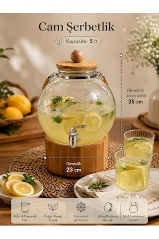 Qerhome Ahşap Kapaklı Halatlı Musluklu Karteneli Desenli Şeffaf Cam Sebil Lohusa Şerbetlik 5 Litre
