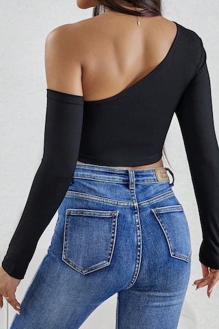 Moda Dua Kadın Siyah Tek Omuz Detaylı Uzun Kol Crop Top Bluz