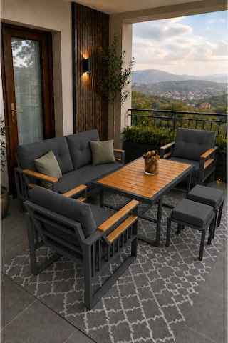 Rovena Esinti Balkon Takımı, Antrasit Bahçe Takımı 5+1 Masa 70x110 2 Lilü Koltuk 70x150 Tekli Koltuk 70x70