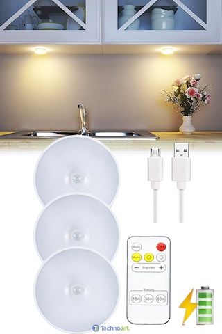 Technojet 3 Adet Akıllı Hareket Sensörlü Uzaktan Kumandalı USB Şarjlı Kablosuz Spot Led Gece Lambası