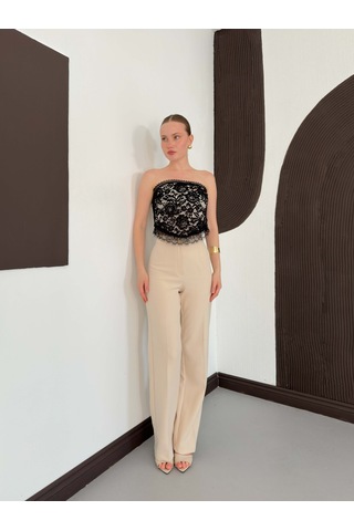 Verymoda Kadın Dantelli Straplez Büstiyer Taş Detaylı Astarlı Şık Bluz D3089 Siyah