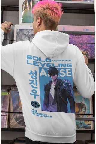 Sevbano Solo Leveling Sung Jinwoo Arise Anime Sırt Baskılı Unisex Oversiz beyaz