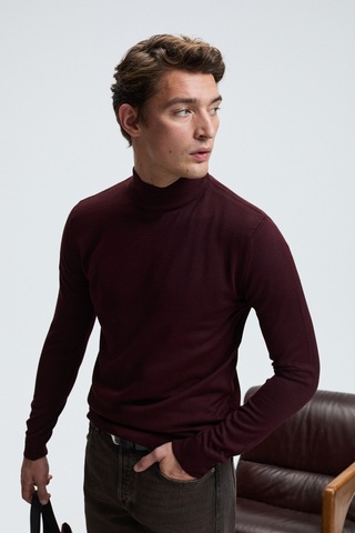 Grimelange REBEL Erkek Yarım Balıkçı Yaka Basic Slim Fit Triko Bordo Kazak