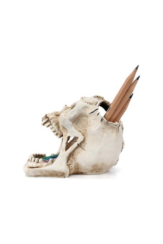 Kafatası Baş Süsü İskelet Kalemlik Masaüstü Kalem Düzenleyici Makyaj Fırçası Araçları Depolama Beyaz