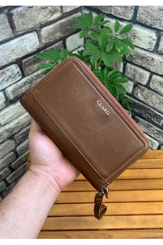 Guard Çift Fermuarlı Taba Hakiki Deri El Çantası Erkek / Kadın P3031 Taba