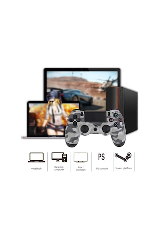 Xindoker Ps4 Kablosuz Bluetooth Oyun Kolu, Işıklı, 3.5mm Ses Jackli, Paylaşım Fonksiyonu, Tam Kontrol, Camo Gri Dualshock 4 Stili