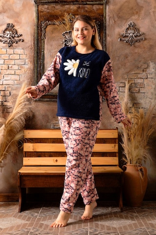 Nisanca Büyük Beden Peluş Polar Pijama Takımı- Kışlık Büyük Beden Kadın Pijama Lacivert