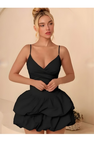 Kadın Balon Etekli Siyah Gece Elbisesi Siyah