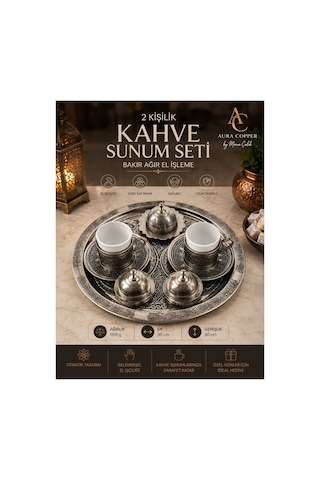 2 Kişilik Bakır Kahve Sunum Seti El İşlemeli Tepsili Türk Kahvesi Fincan Takımı - Ağır El İşleme Mat Ağır El İşleme Mat