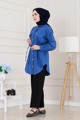 Sevitli Cep Kapaklı Beli Bağcıklı Tunik-mavi-5152 Mavi