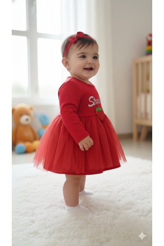 Kız Bebek Yılbaşı Noel Temalı Çilek Elbise Kırmızı