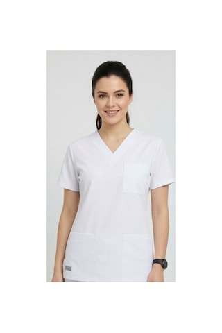 Tek Üst Beyaz Unisex Doktor Ve Hemşire Forması Scrubs Likralı Yarasa Kol