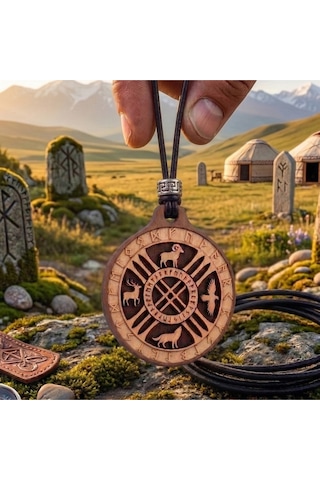 Göktürkçe Ahşap Erkek Kolye Şaman Tengri Rün Ve Totem Sembollü Hayvan Totemleri Kahverengi