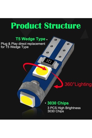 Beyaz 10 Adet T5 Led Ampul W3w W1.2w Led Canbus Araba İç Aydınlatma Pano Isınma Göstergesi Kama Otomatik Gösterge Lambası 12 V