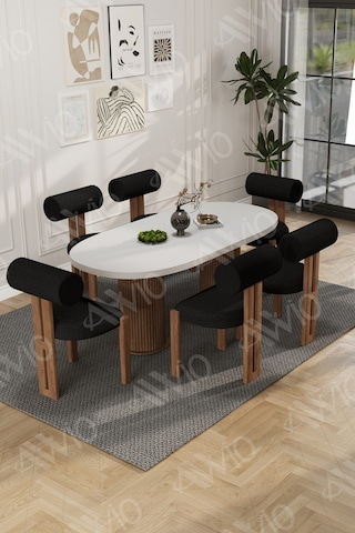 Avvio Bohem Ayak 6'lı Metal Pofi Demonte Sandalye 80x160 Masa Sandalye Takımı Beyaz Masa Sandalye Kumaşı Siyah