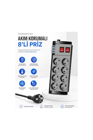 Ftr-08 4000w 16a Akım Korumalı 2 Anahtarlı 8'li Priz, 3 Usb Portl