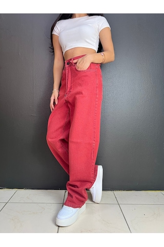 St.poll Vintage Eskitme Yıkama Unisex Baggy Jean Pantolon Vintage Kırmızı