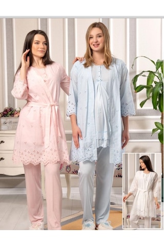 Bone Club 5816 Mavi Vual Penye Hamile Lohusa 3 Lü Pijama Sabahlık Tk 001