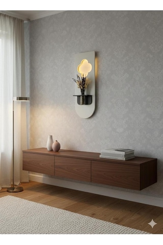 Papatya Ahşap Pilli Ledli İskandinav Tarzı Salon Duvar Rafı Modern Çiçeklik 30 X 80 Cm Paris Grisi - Antrasit