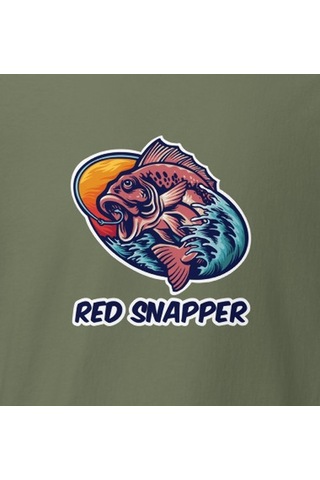 Wildstyle Red Snapper Balık Balıkçılık Deniz Vintage Balıkçı Baskılı Unisex Bisiklet Yaka Pamuklu Tişört Haki