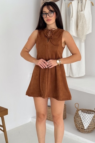 Noa & Noa Kadın Bağlama Detaylı Süet Elbise Retro & Zarif Dokunuş Taba