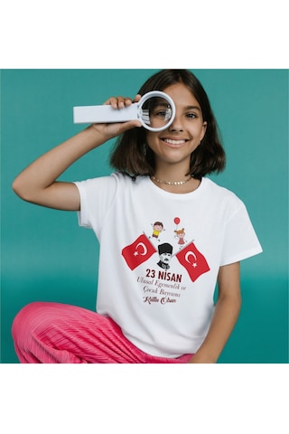 Alpşan Ticaret 23 Nisan Çocuk Bayramı Baskılı Çocuk Tişört 23 Nisan T-shirt 49 Beyaz