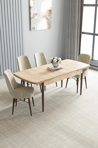 Zümra Serisi, Meşe Desen 80x132 Açılabilir Mdf Mutfak Masası Takımı 4 Adet Sandalye Krem