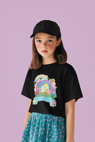Sevbano Tasarım Peppa Pig Baskılı Unisex Çizgi Film Çocuk Tişört 1-12 Ya Siyah