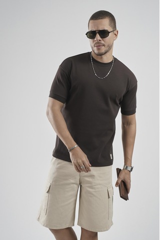 King Brich Slim Fit Kalıp Kolu Ribanalı Basic %100 Pamuklu Tişört Kahverengi