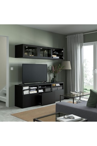 Tv Ünitesi, Venge-siyah-kahverengi-şeffaf Cam, 180x42x192 Cm, Lappvıken/sındvık, Fren Raylı Siyah