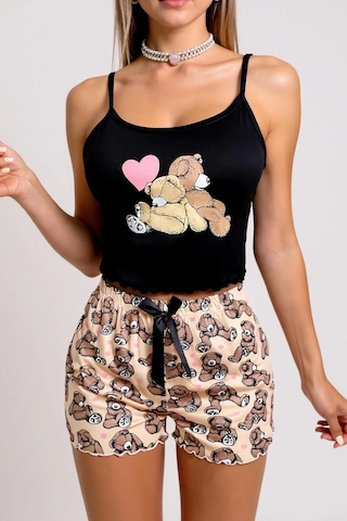 Renkli Ayıcık Desenli Askılı Şortlu Kadın Pijama Takımı Renkli