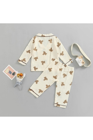 Çocuklar Unisex Günlük Pijama Takımı, Ayı Baskılı Uzun Kollu Ön Cep Yaka Üstleri + Baskılı Uzun Pantolon