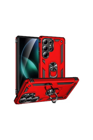 Teknomoda Samsung Galaxy Uyumlu S25 Ultra Kılıf Yüzüklü Standlı Korumalı Tank Kapak Kirmizi