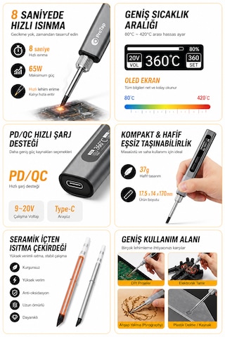 Protap 65w Akıllı Lehim Makinesi Oled Ekranlı Ayarlanabilir 80-420 C Pd/qc Type-c Giriş Taşınabilir Hassas Havya