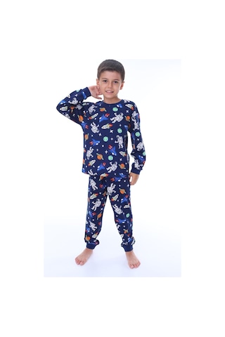 Bunny Hopp Uzay Temalı Erkek Çocuk Pijama Takımı %100 Pamuk Mevsimlik Bisiklet Yaka Manşetli Petrol Mavisi