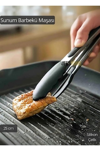 Sunum Maşası Barbekü Maşası Mangal Maşa Silikon Salata Maşası Siyah 25 Cm