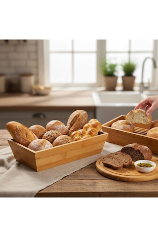 Lexroo Bambu Ekmek Sepeti Ve Sunumluk Doğal Ahşap Modern Meyve, Sebze Ve Servis Sepeti Çok Renkli