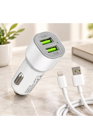 Araç Çakmaklık Çift Usb Hızlı Şarj Başlığı Ve Lightning Kablosu Sarı