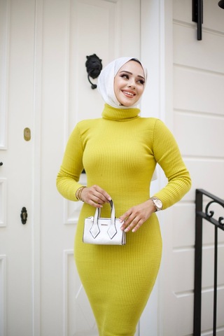 Hira Life Fashion Kadın Elbise Tesettür Giyim Balıkçı Yaka Ve Dar Kesim Triko Kalem Elbise Sarı Sarı