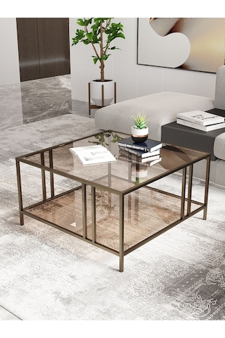 Dekoport Bakü Orta Sehpa Prinç Eskitme Rengi Bronz Cam 75 75 Çift Camlı Orta Sehpa Eskitme