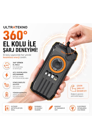 Ultratekno Fc-20 Solar Powerbank 20000 Mah 22.5w Hızlı Şarj Kablosuz Şarj El Kranklı Led Fenerli Taşınabilir Güç Bankası Siyah - Turuncu