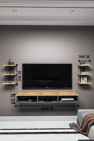 Dekoratif Raflı Tv Ünitesi,beyaz-atlantik Çam,portatif Minifix Kurulum Beyaz - Atlantik Çam