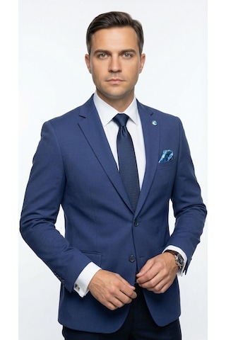 Plus Scorpion Erkek Slim Fit Ceket Likralı Fitilli Kumaş, Çift Düğmeli Tek Yırtmaçlı Modern Tasarım Mavi