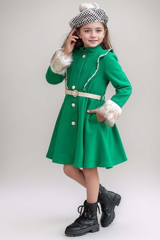Riccotarz Kız Çocuk Kazayağı Desen Elbise Kolları Peluş Ve Omuzları İnci İşleme Kemerli Yeşil Kaşe Kaban Yeşil