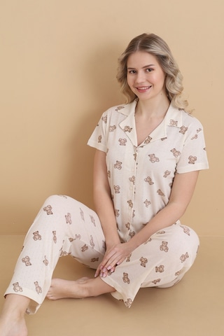 Wordex Mirano 1707 Ayıcık Desenli Pointel İnce Kumaş Düğmeli Kısa Kollu Kadın Pijama Takımı Ekru